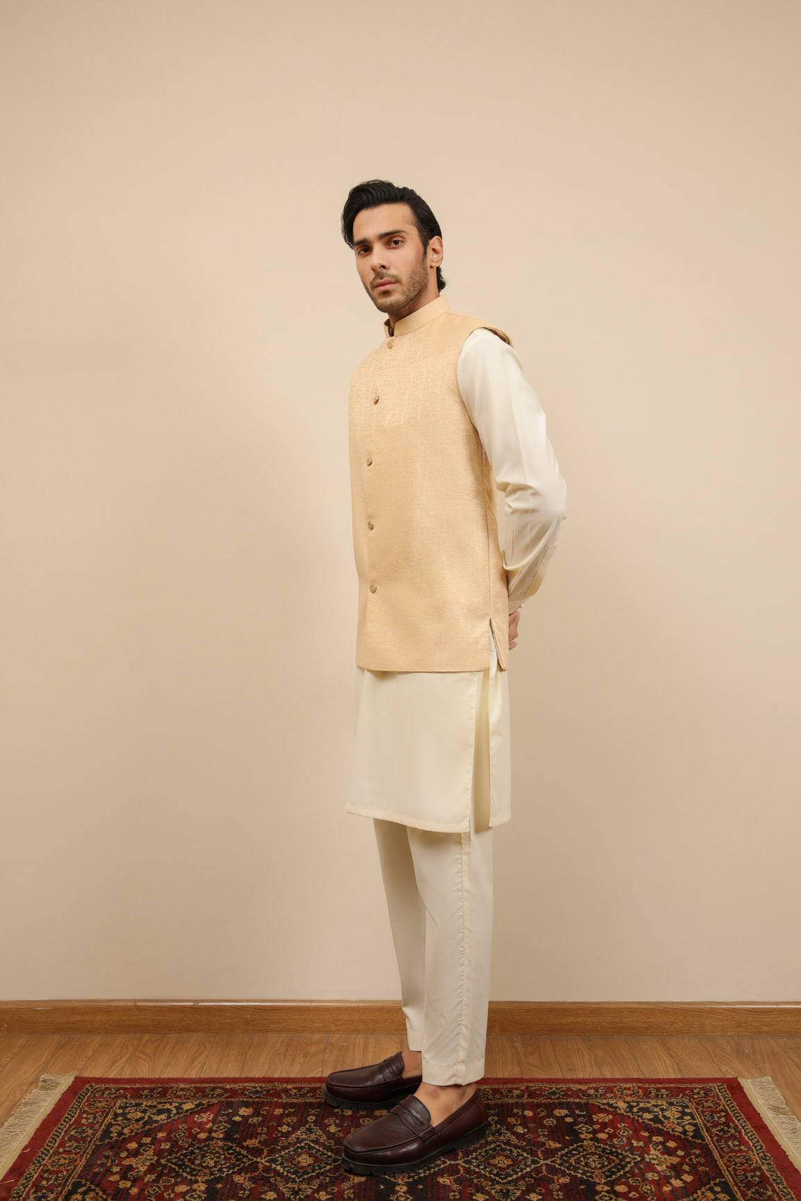 Ivory Textured Jamawar Waistcoat (1-Pc) - Image 5