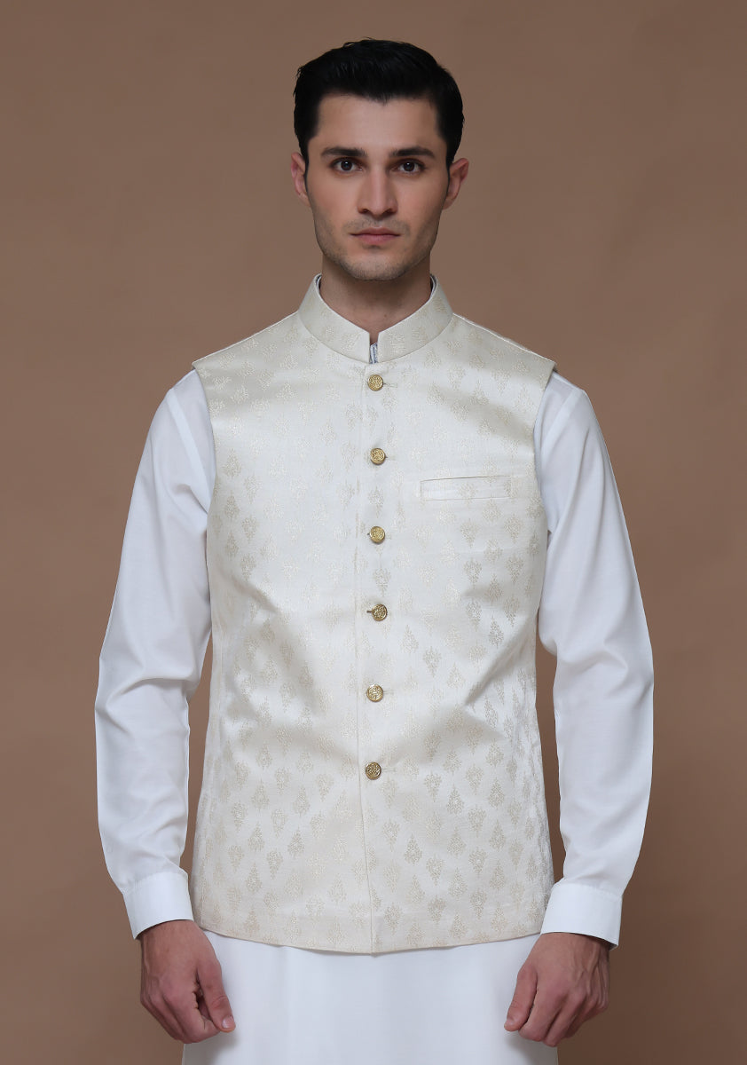 Cream Woven Jamawar Waistcoat (1-Pc) - Image 1
