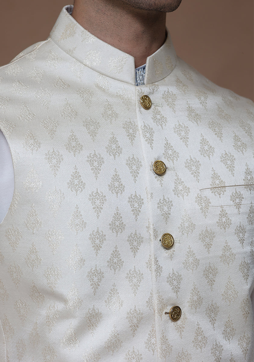 Cream Woven Jamawar Waistcoat (1-Pc) - Image 2