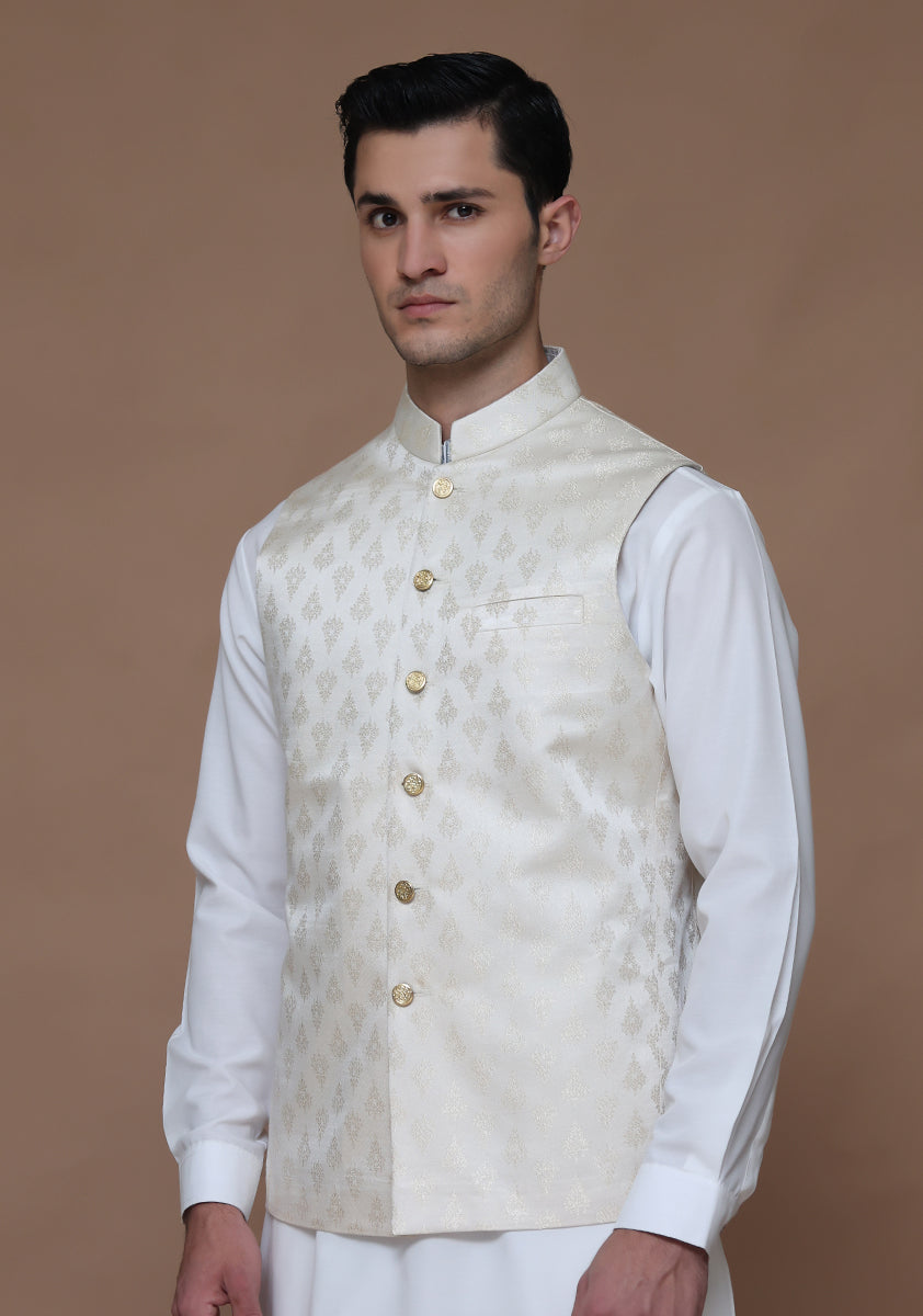 Cream Woven Jamawar Waistcoat (1-Pc) - Image 3