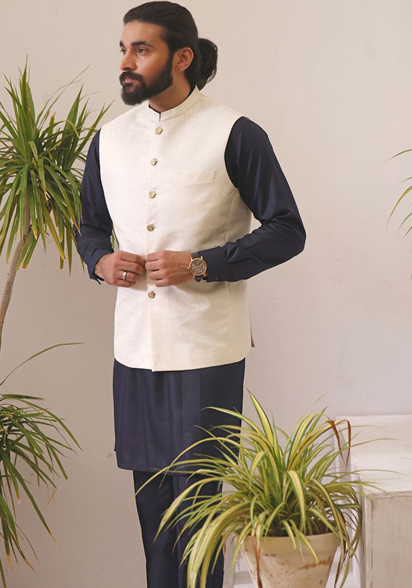 Ivory Woven Karandi Jamawar Waistcoat (1-Pc) - Image 1