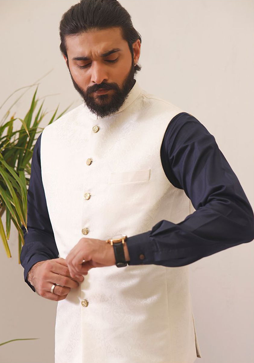 Ivory Woven Karandi Jamawar Waistcoat (1-Pc) - Image 2