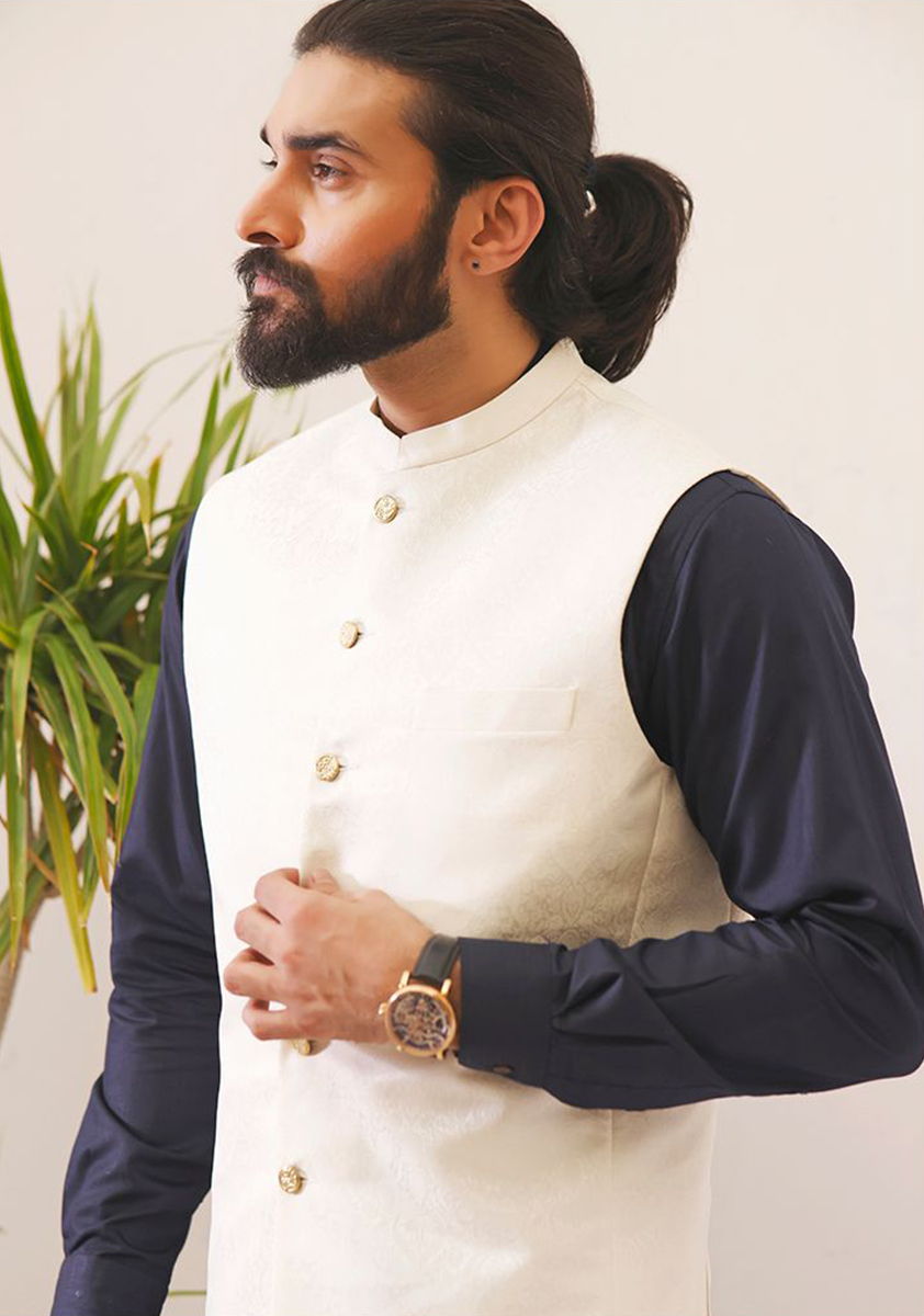 Ivory Woven Karandi Jamawar Waistcoat (1-Pc) - Image 3