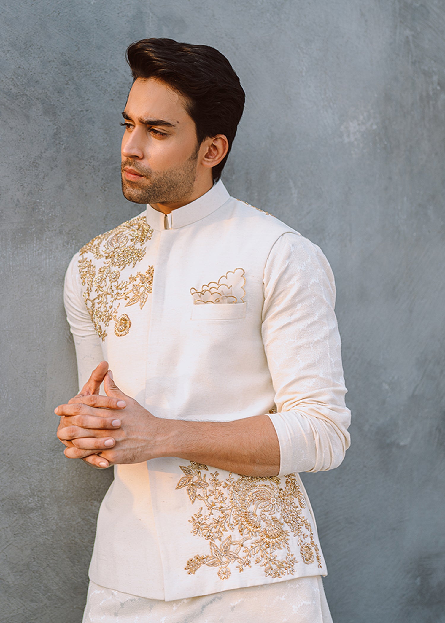 Ivory Zardozi Karandi Waistcoat (3-Piece) - Image 1