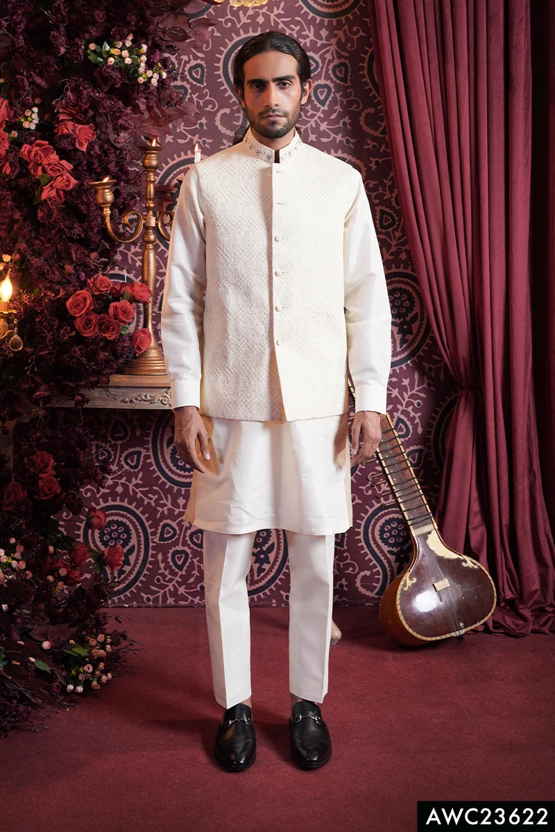 Off-White Naqshi Embroidered Baar Silk Waistcoat Kurta (3-Piece) - Image 1