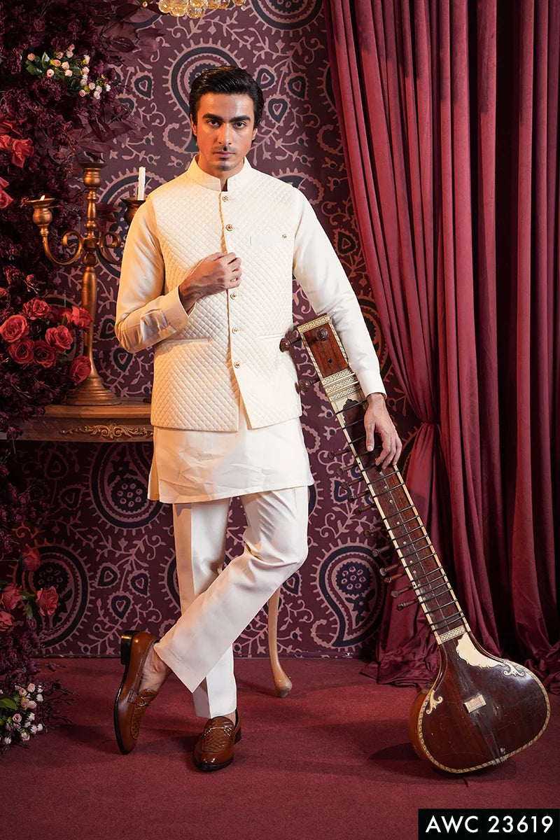Off-White Quilted Baar Silk Waistcoat Kurta Set (3-Piece) - Image 1