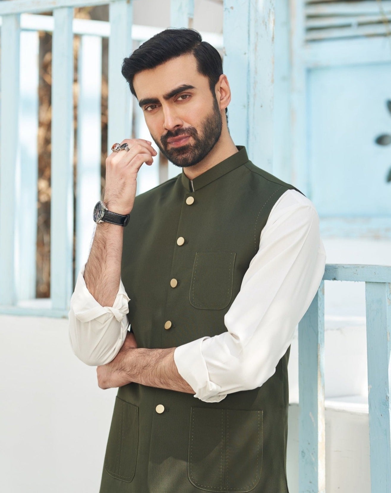 Off White Blended Kurta Trouser with Army Green Waistcoat (3-Piece) - Image 1