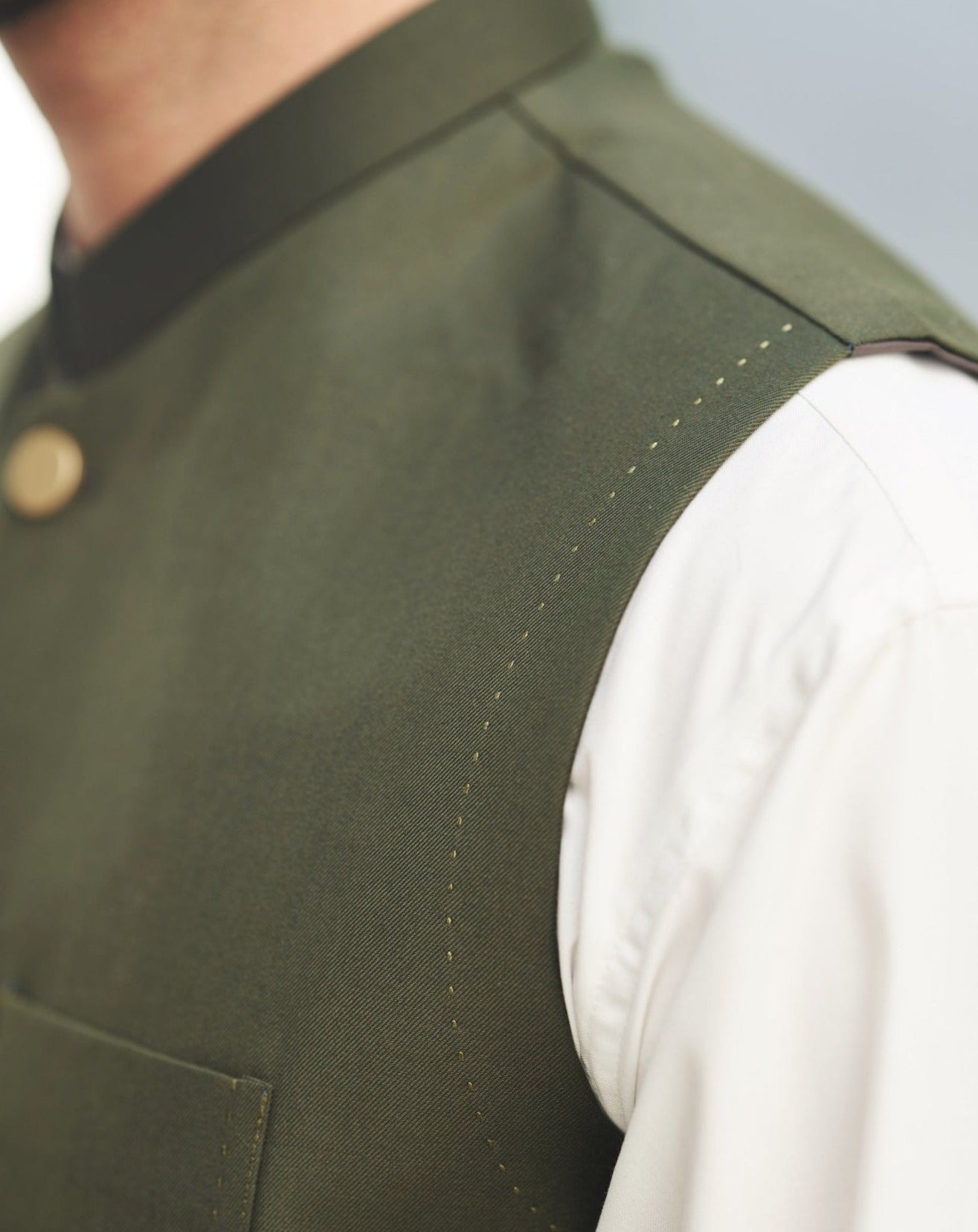 Off White Blended Kurta Trouser with Army Green Waistcoat (3-Piece) - Image 3