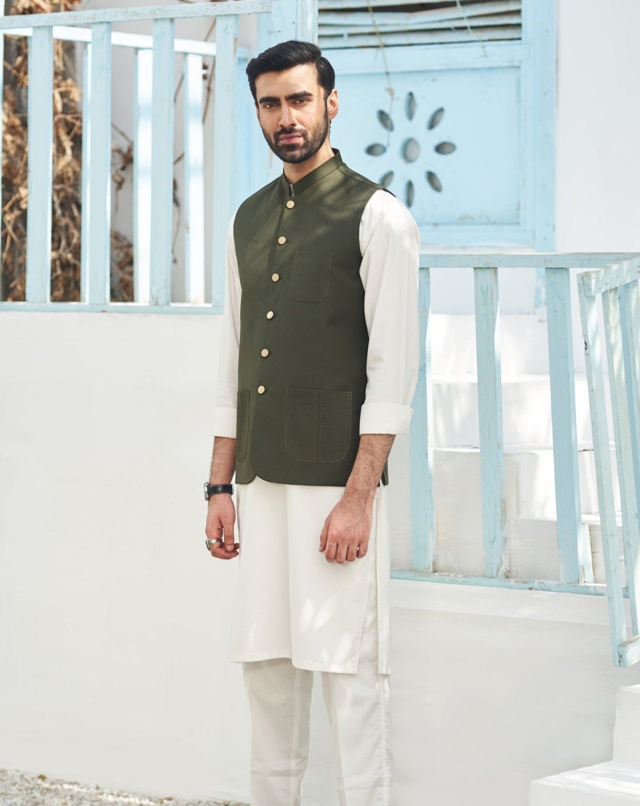 Off White Blended Kurta Trouser with Army Green Waistcoat (3-Piece) - Image 4