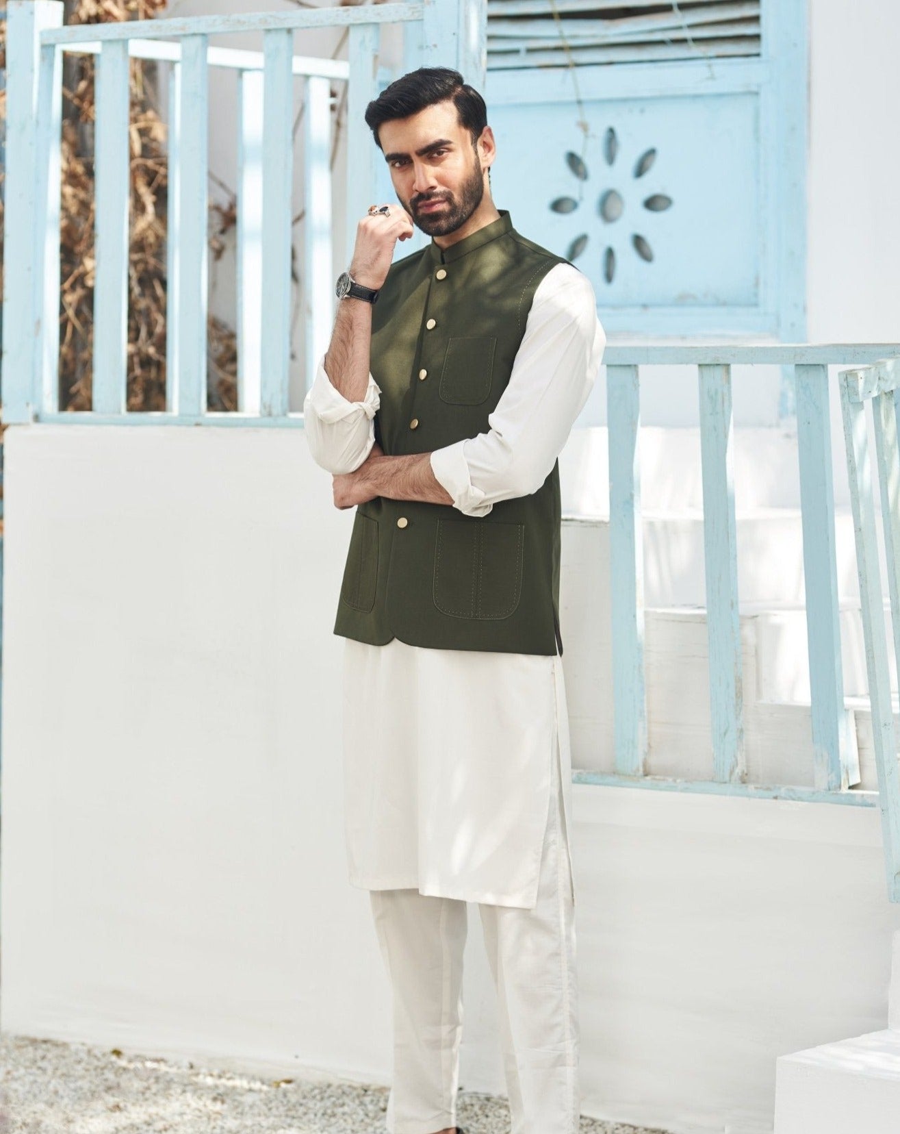 Off White Blended Kurta Trouser with Army Green Waistcoat (3-Piece) - Image 5