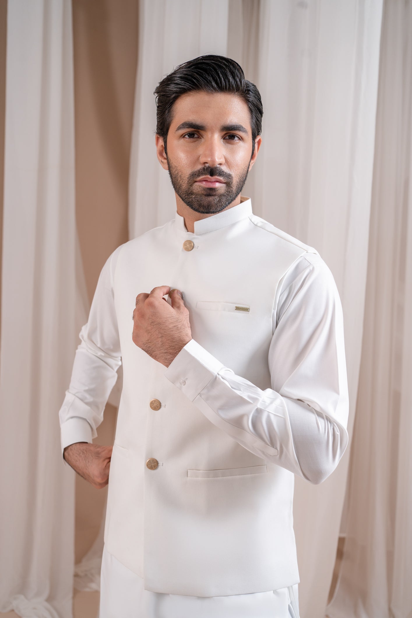 Off White Blended Waistcoat Kurta Shalwar (3-Piece) - Image 1