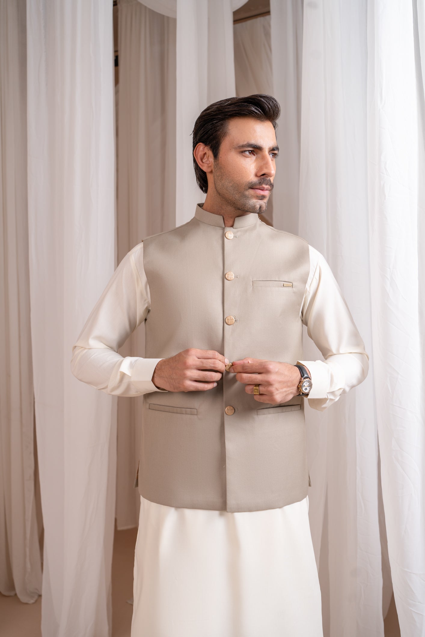 Off-White Blended Kurta Shalwar with Beige Waistcoat (3-Piece) - Image 1