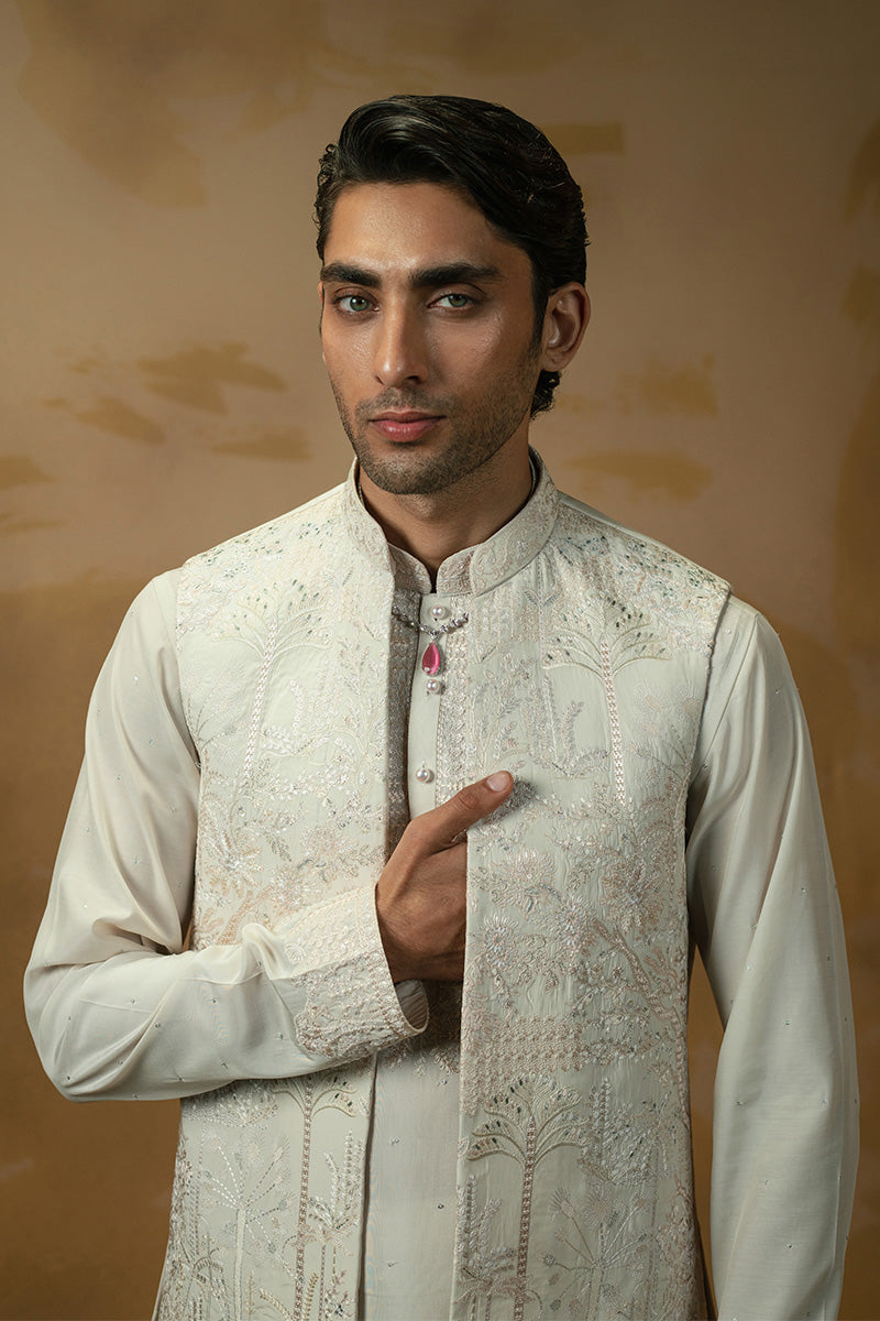 Ivory Embroidered Blended Silk Waistcoat Kurta (3-Piece) - Image 3