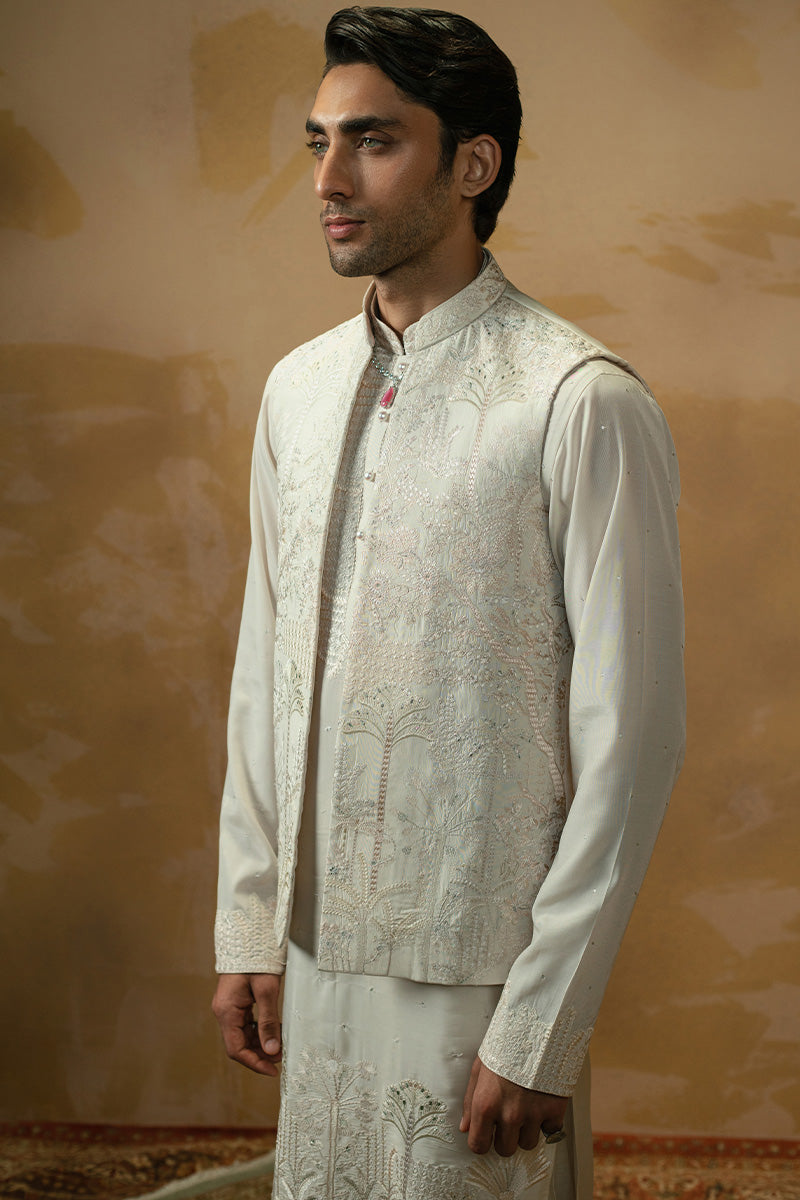Ivory Embroidered Blended Silk Waistcoat Kurta (3-Piece) - Image 1