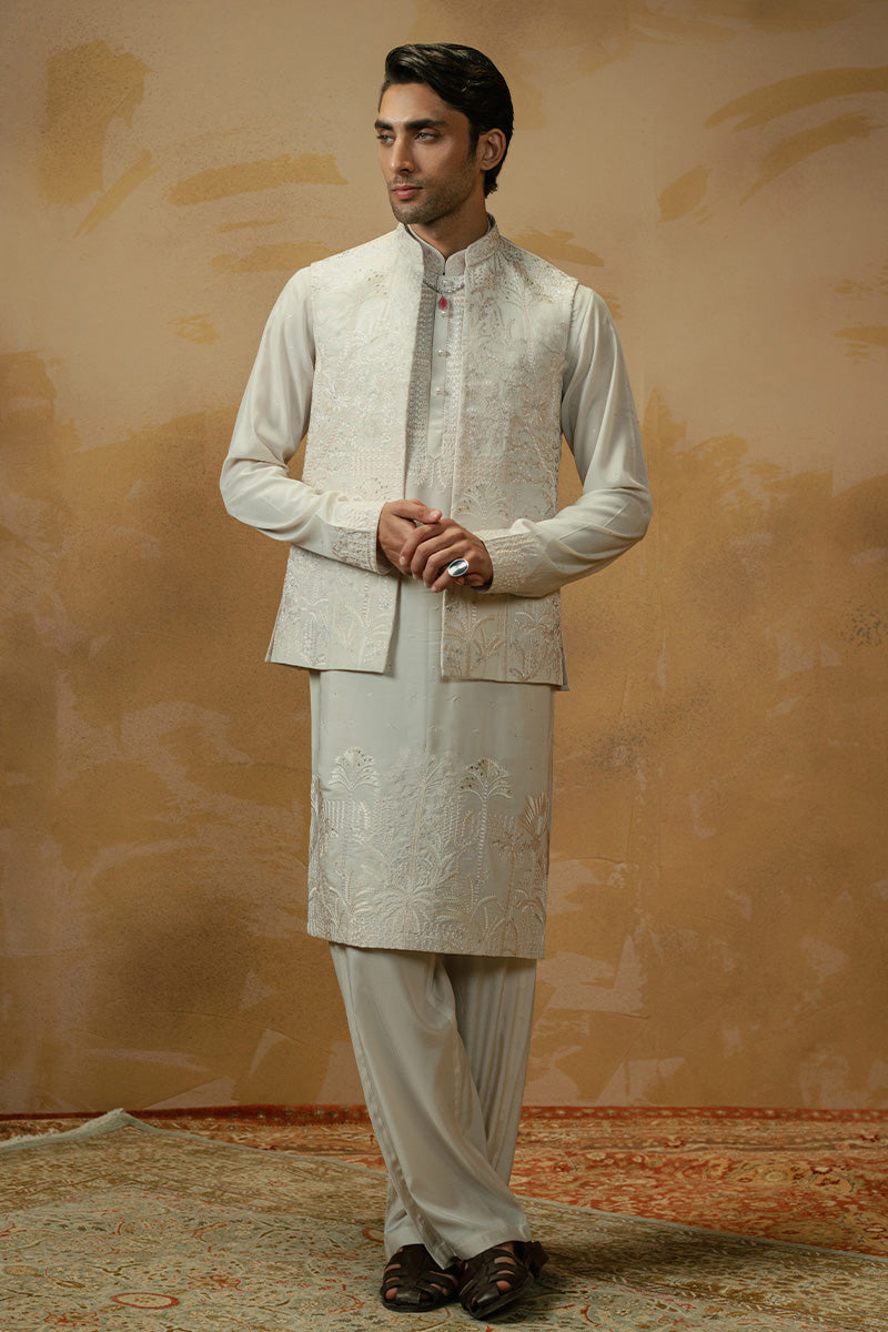 Ivory Embroidered Blended Silk Waistcoat Kurta (3-Piece) - Image 2