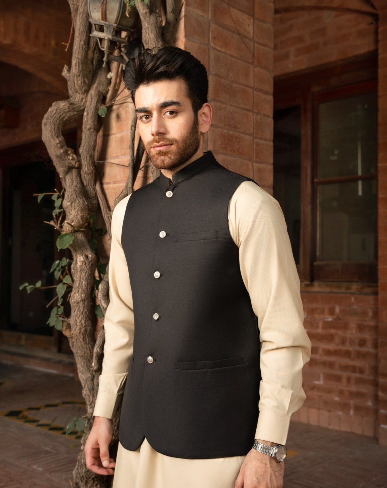 Ivory Blended Kurta Trouser with Black Waistcoat (3-Piece) - Image 1