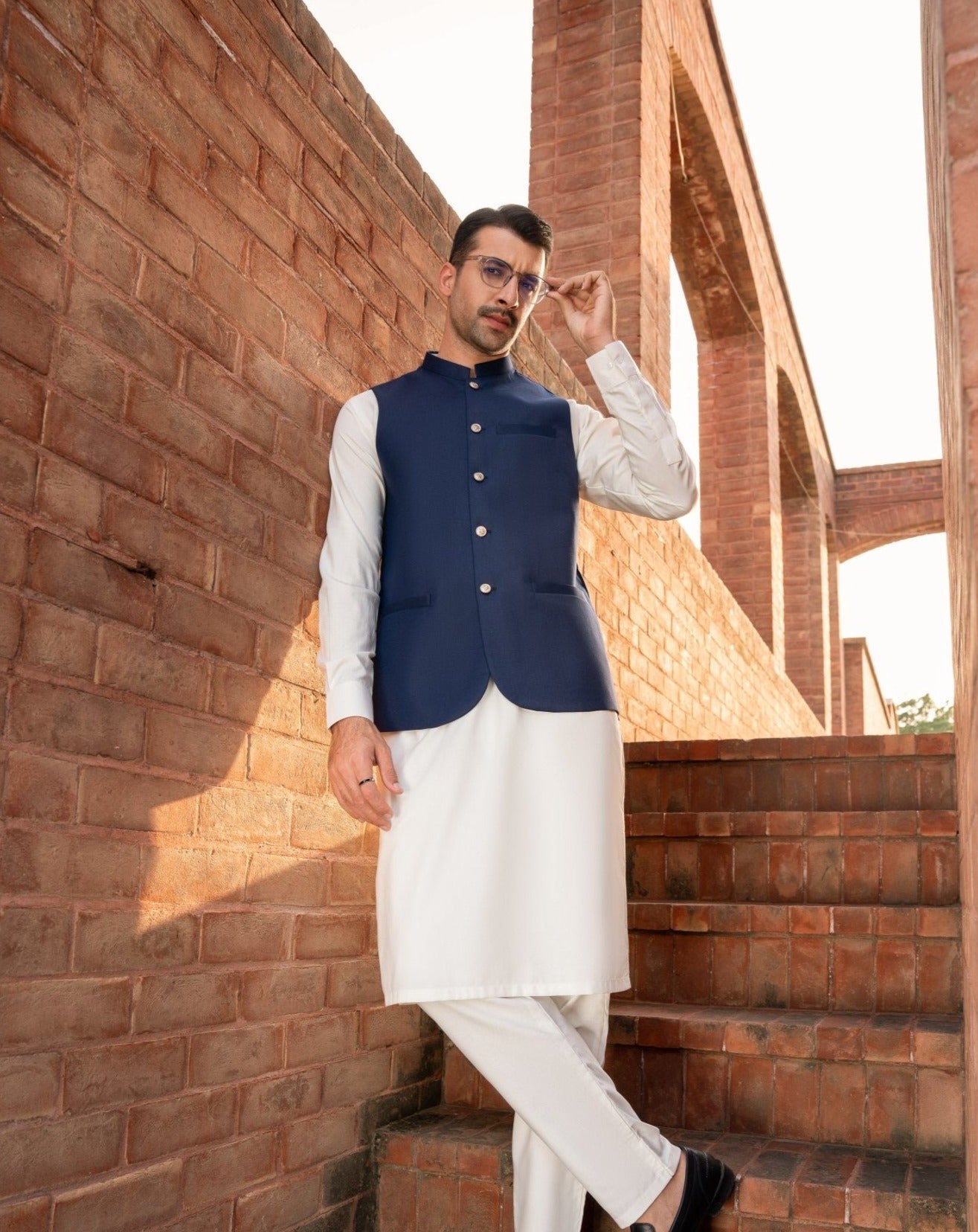 Off White Blended Kameez Shalwar with Navy Waistcoat (3-Piece) - Image 1