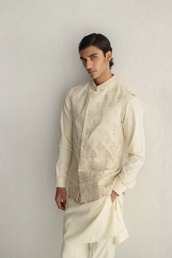 Ivory Hand Embroidered Boski Waistcoat Kurta (3-Piece) - Image 1