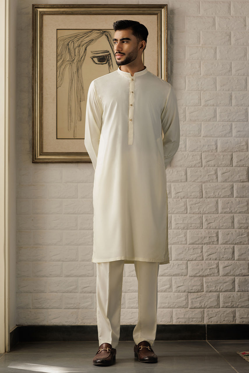Off-White Embroidered Boski Linen Waistcoat Kurta (3-Piece) - Image 1