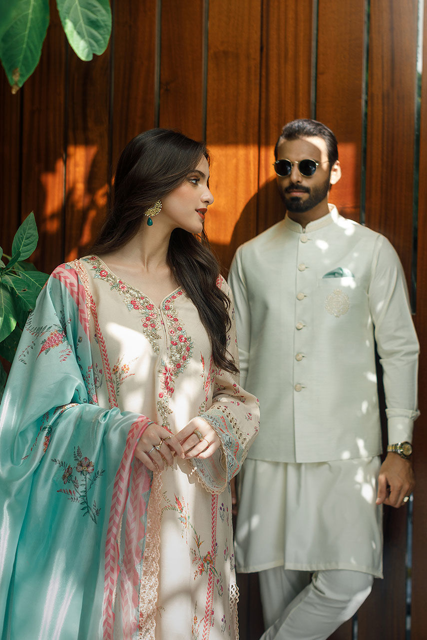 Off-White Embroidered Boski Linen Waistcoat Kurta (3-Piece) - Image 6