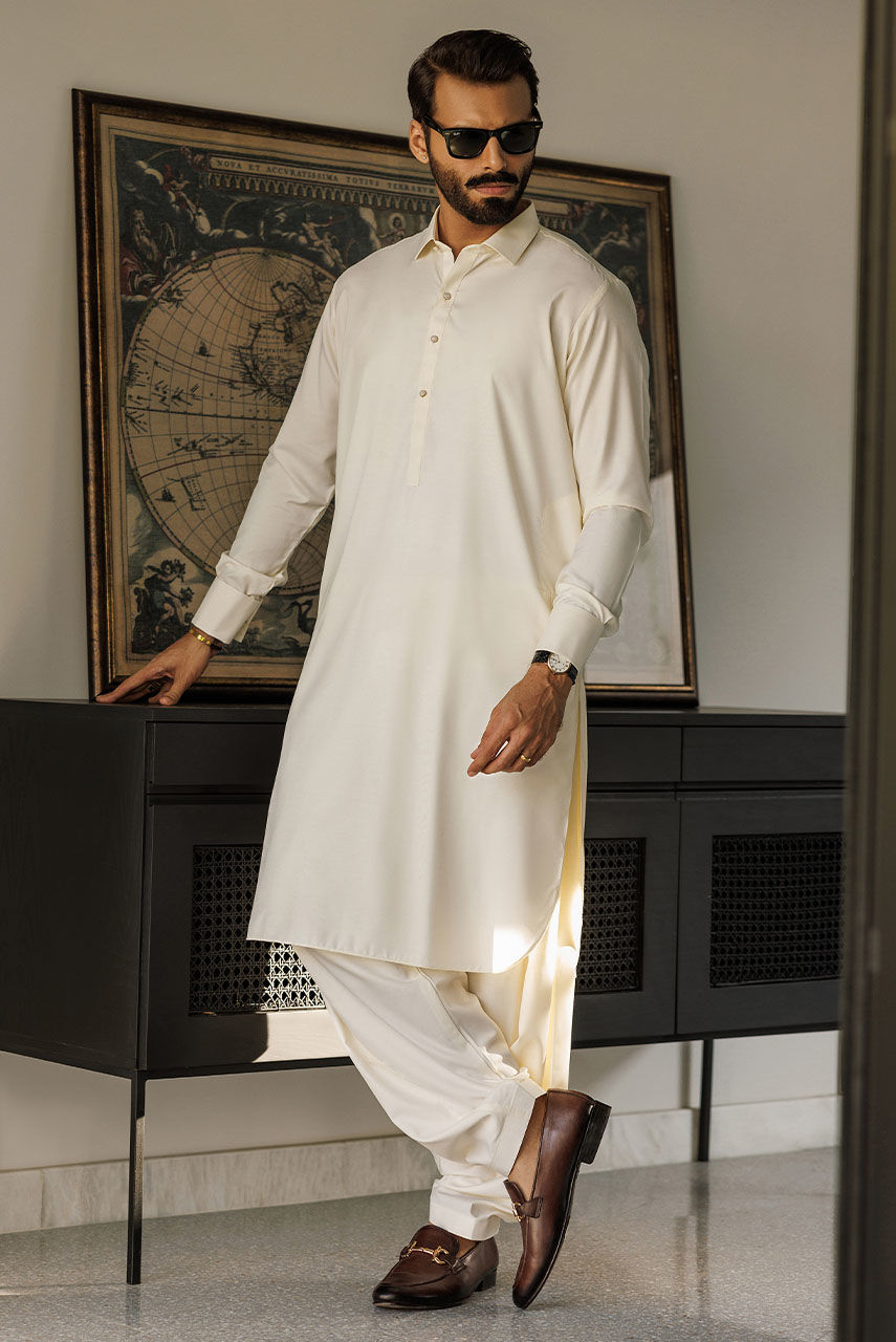 Off-White Embroidered Boski Linen Waistcoat Kurta (3-Piece) - Image 1