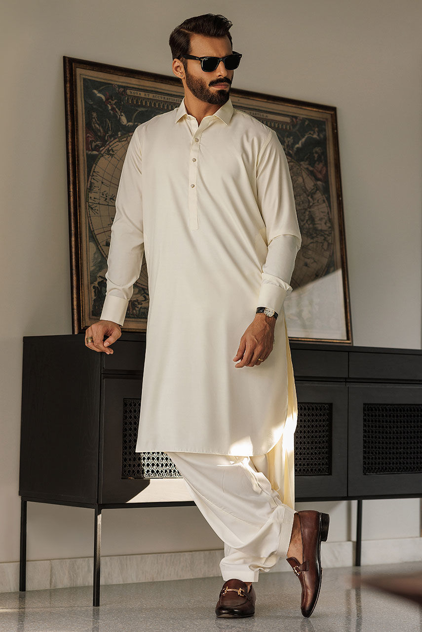 Off-White Embroidered Boski Linen Waistcoat Kurta (3-Piece) - Image 3