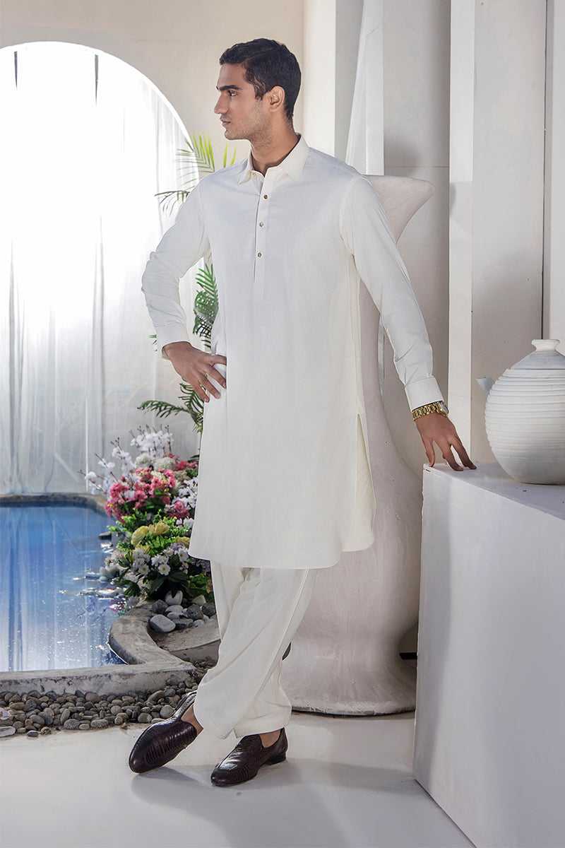 Ivory Brass Button Wash & Wear Waistcoat Kurta (3-Piece) - Image 1