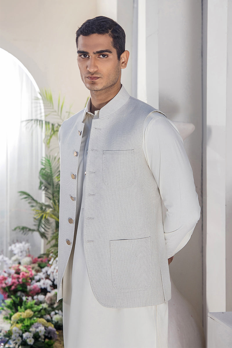 Ivory Brass Button Wash & Wear Waistcoat Kurta (3-Piece) - Image 5