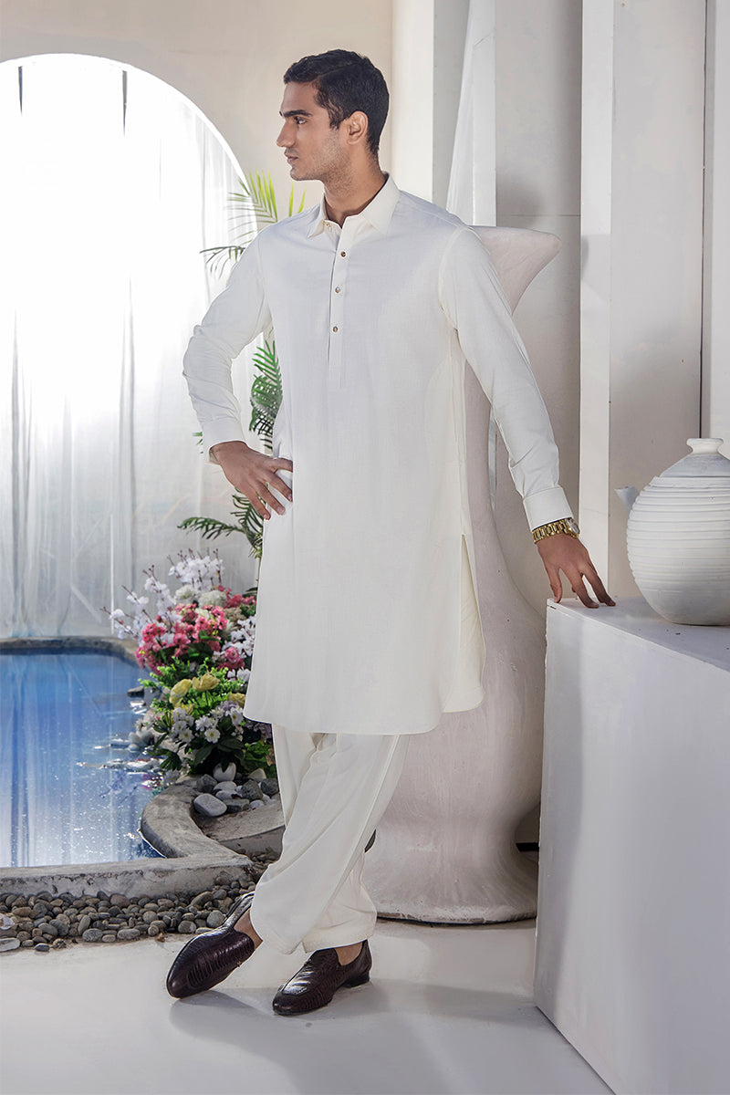 Ivory Brass Button Wash & Wear Waistcoat Kurta (3-Piece) - Image 8