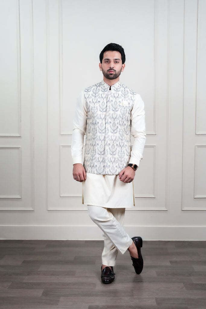 Ivory Light Grey Embroidered Waistcoat Kurta Pajama (3-Piece) - Image 1