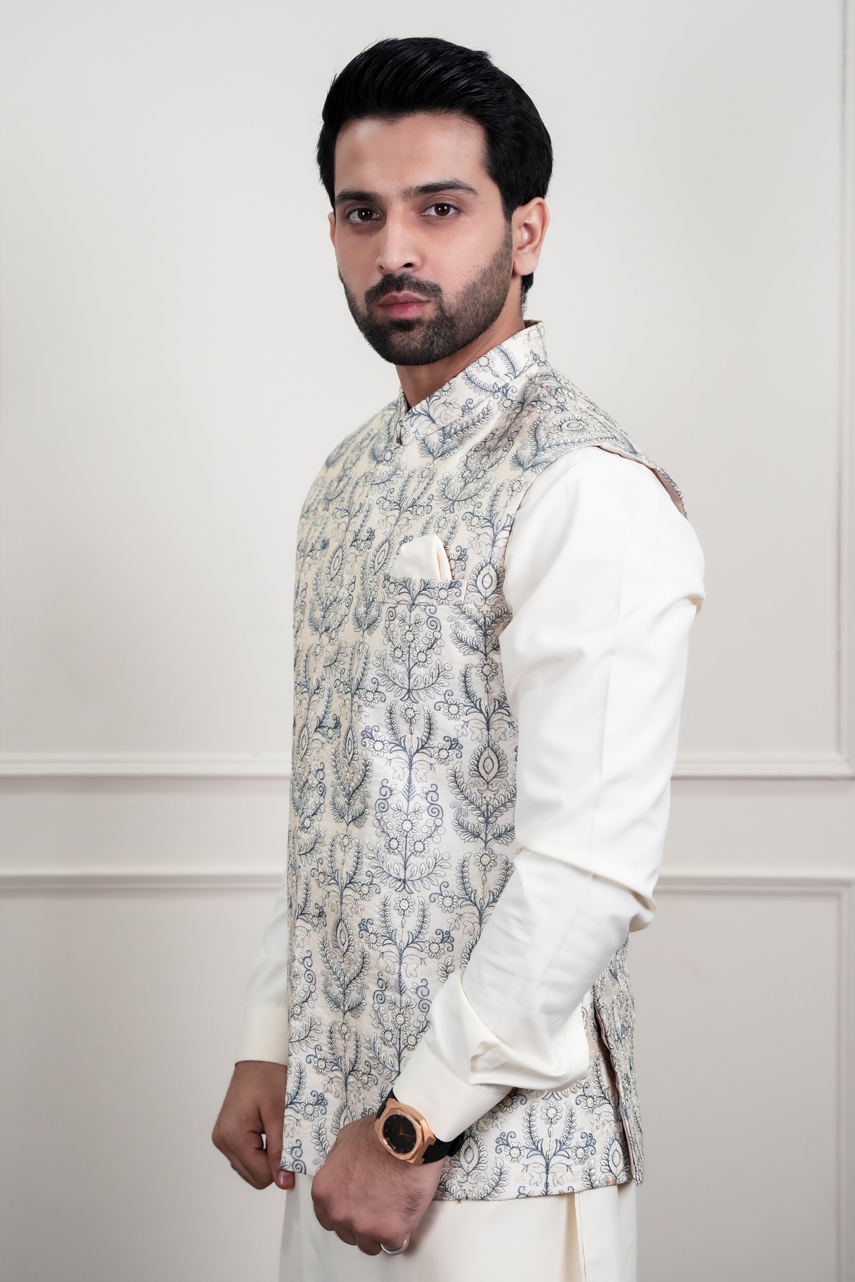 Ivory Light Grey Embroidered Waistcoat Kurta Pajama (3-Piece) - Image 3