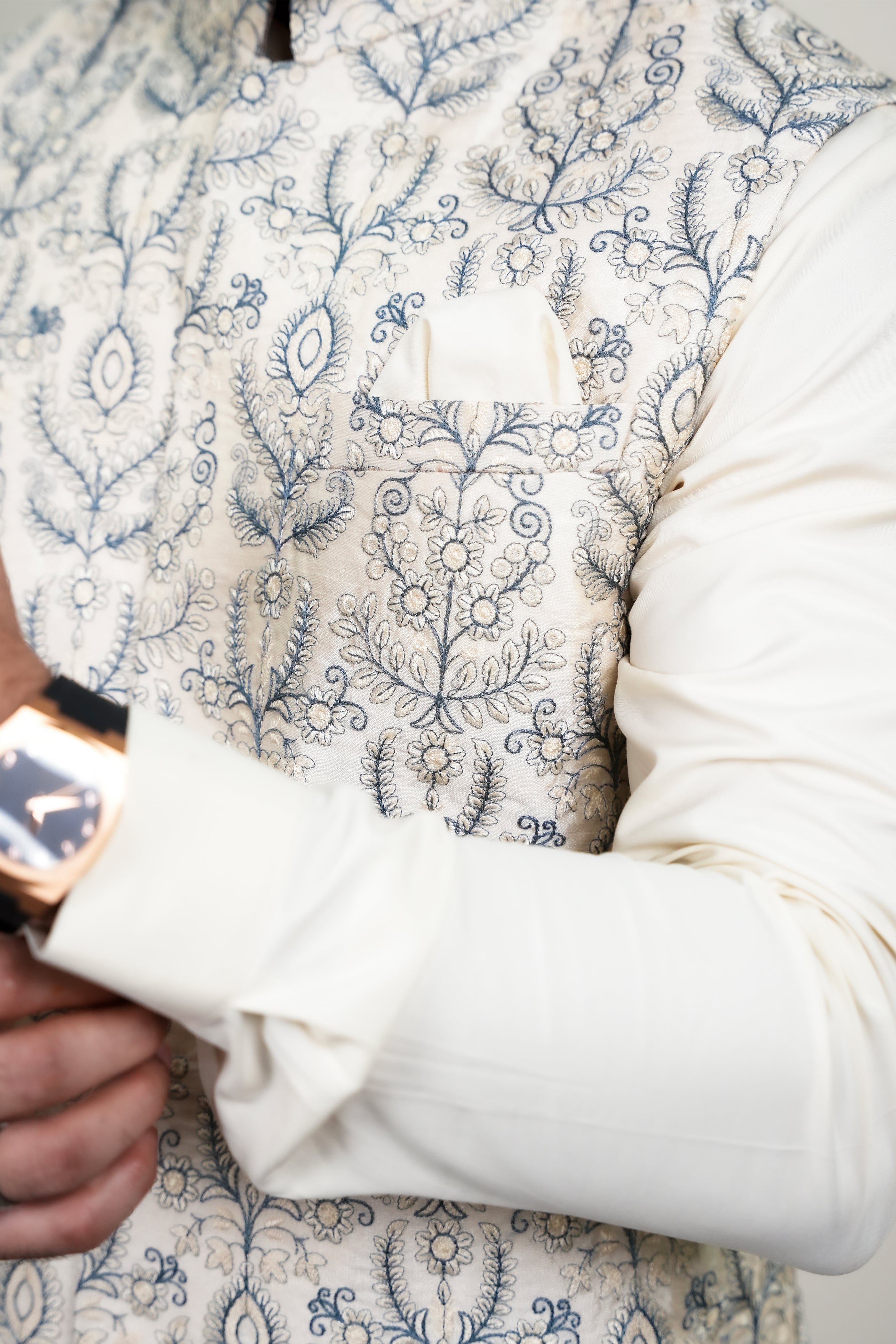 Ivory Light Grey Embroidered Waistcoat Kurta Pajama (3-Piece) - Image 5