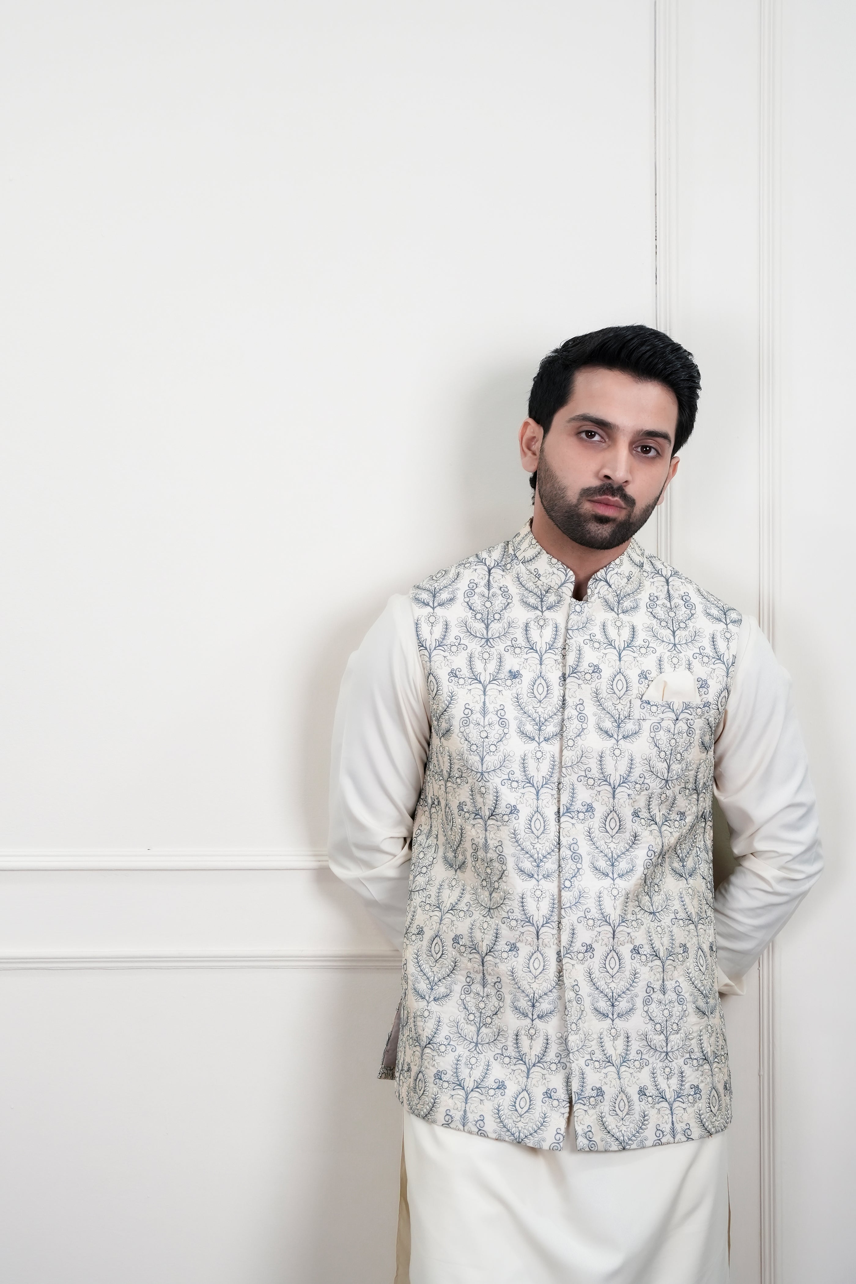 Ivory Light Grey Embroidered Waistcoat Kurta Pajama (3-Piece) - Image 6