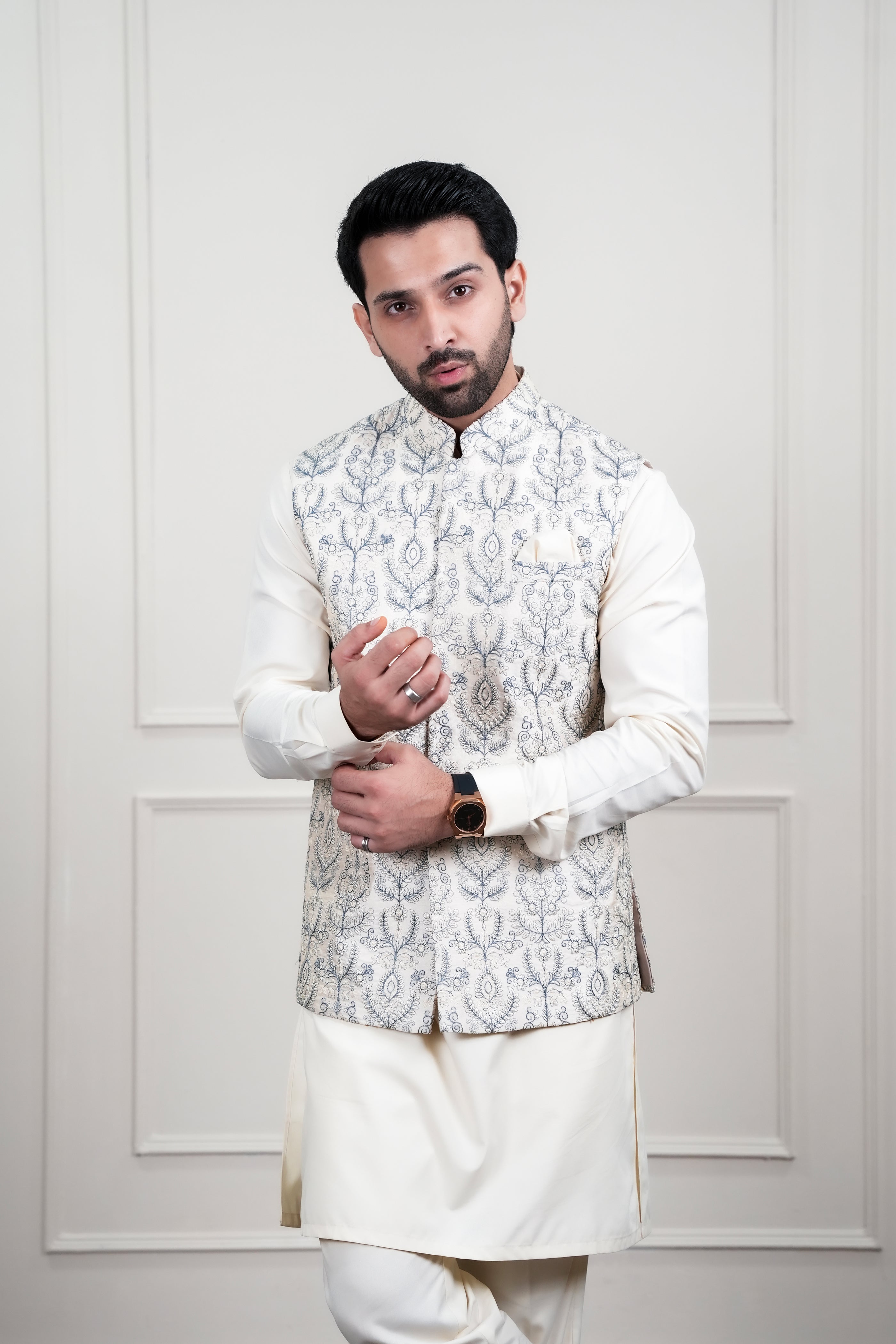 Ivory Light Grey Embroidered Waistcoat Kurta Pajama (3-Piece) - Image 7