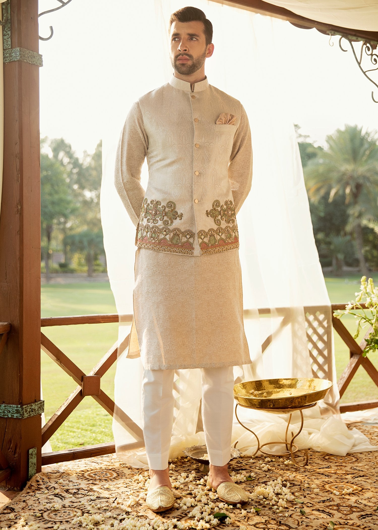 Ivory Hand-Worked Brocade Waistcoat Kurta (3-Piece) - Image 1