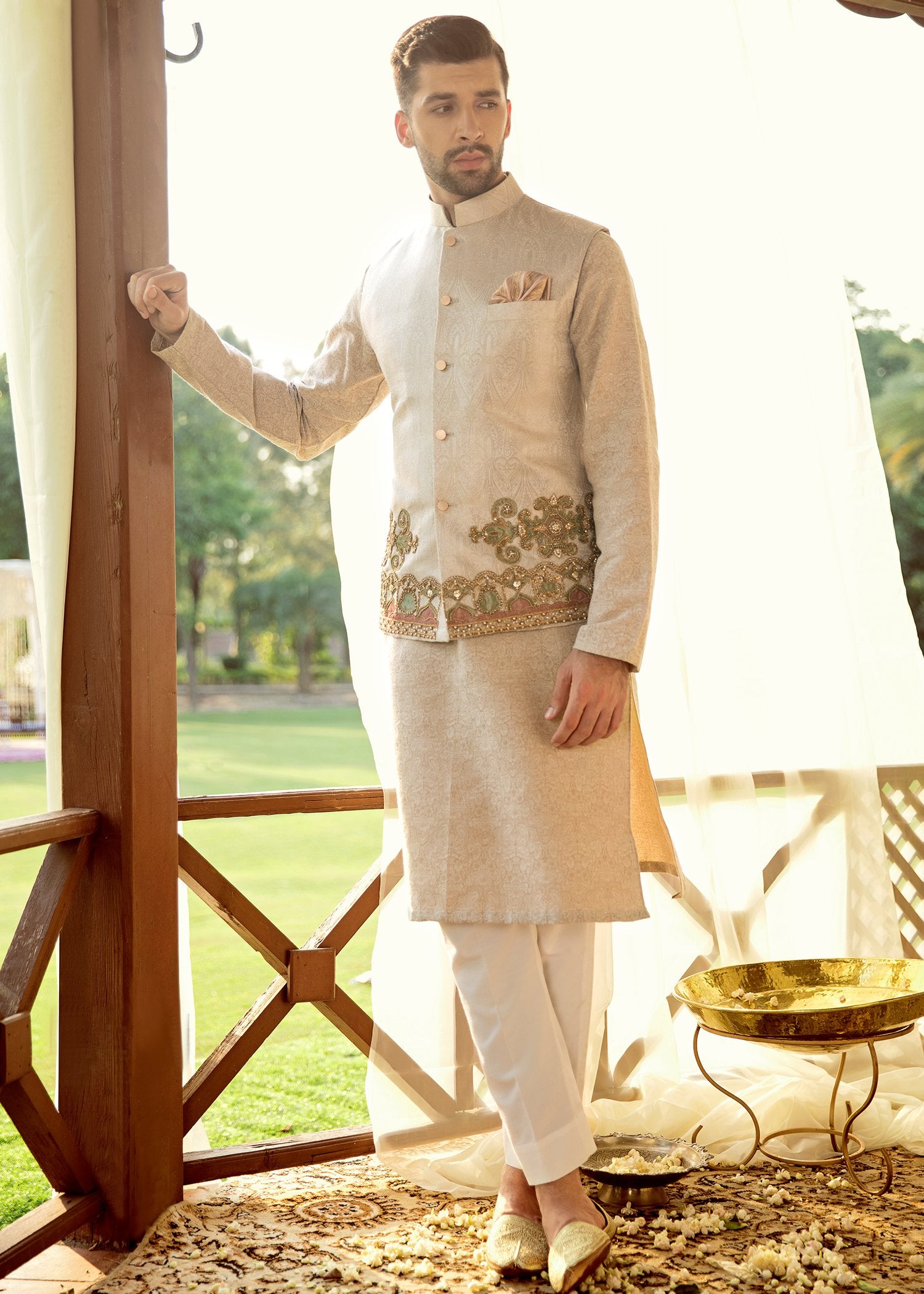 Ivory Hand-Worked Brocade Waistcoat Kurta (3-Piece) - Image 2