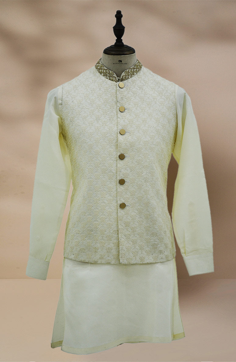 Off-White Embroidered Brocade Waistcoat Kurta Set (3-Piece) - Image 10