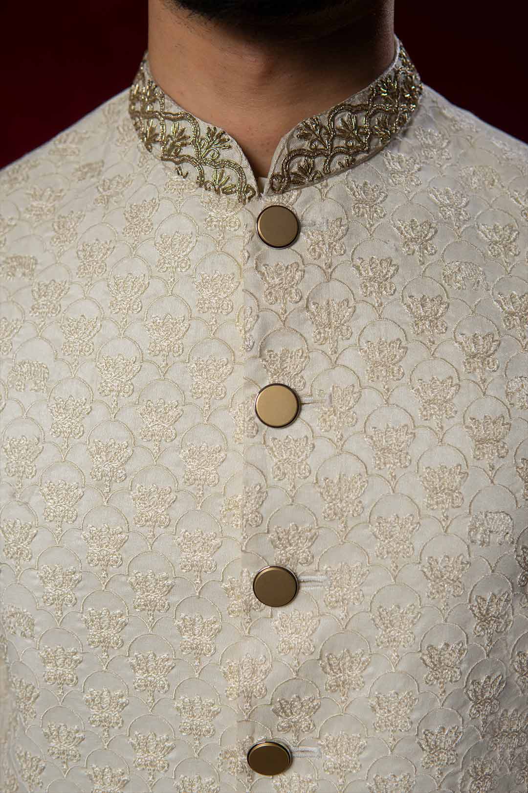 Off-White Embroidered Brocade Waistcoat Kurta Set (3-Piece) - Image 7