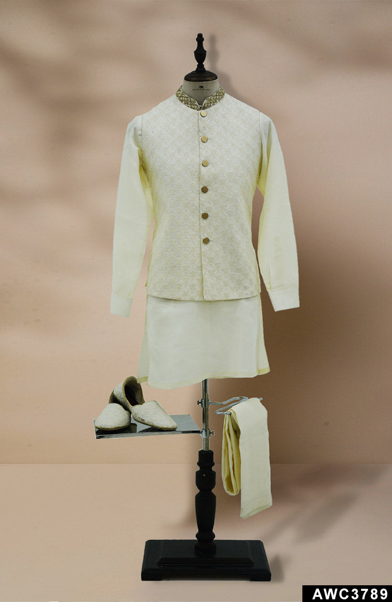 Off-White Embroidered Brocade Waistcoat Kurta Set (3-Piece) - Image 9