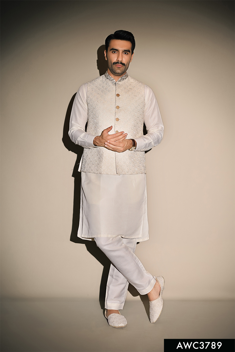 Off White Embroidered Brocade Waistcoat Kurta Set (3-Piece) - Image 1