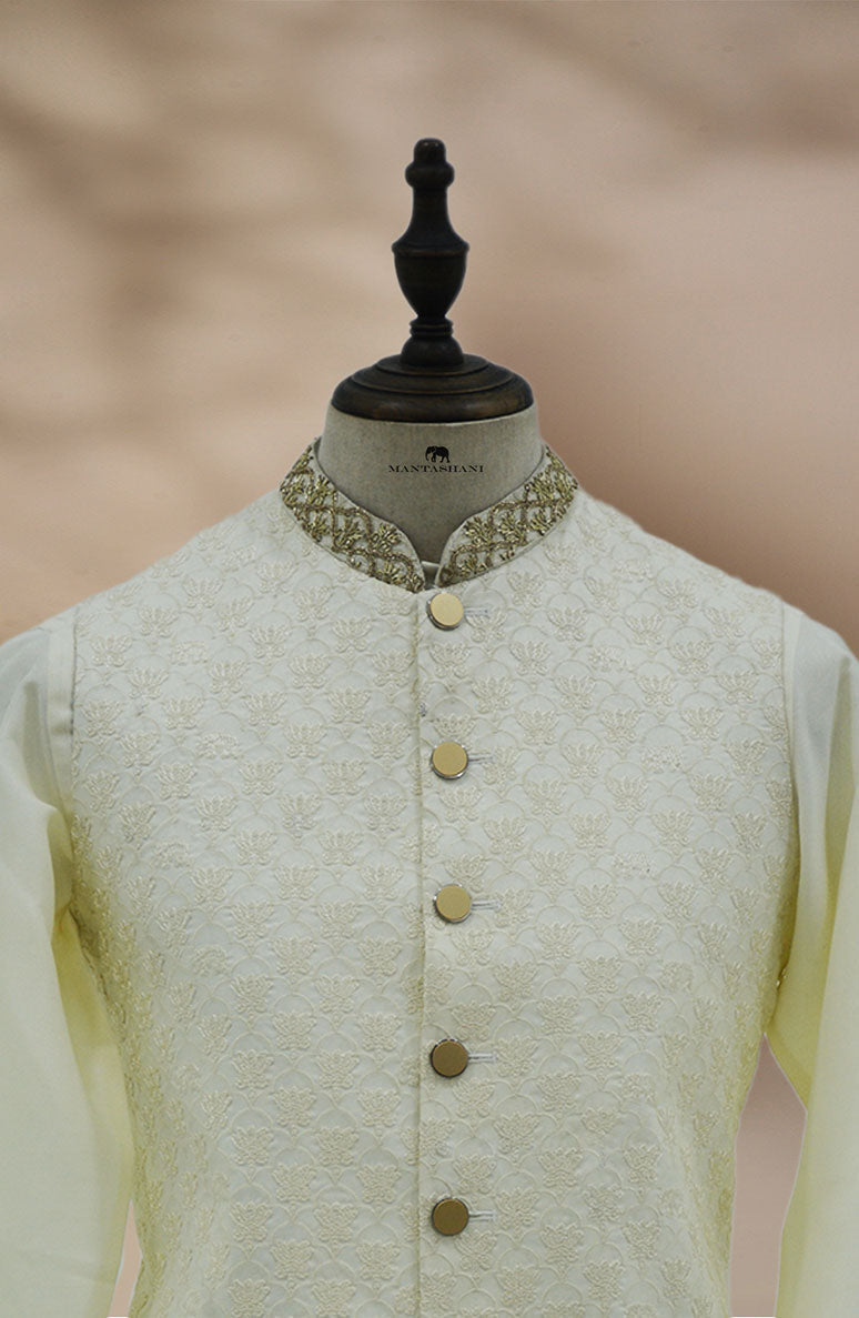Off White Embroidered Brocade Waistcoat Kurta Set (3-Piece) - Image 11
