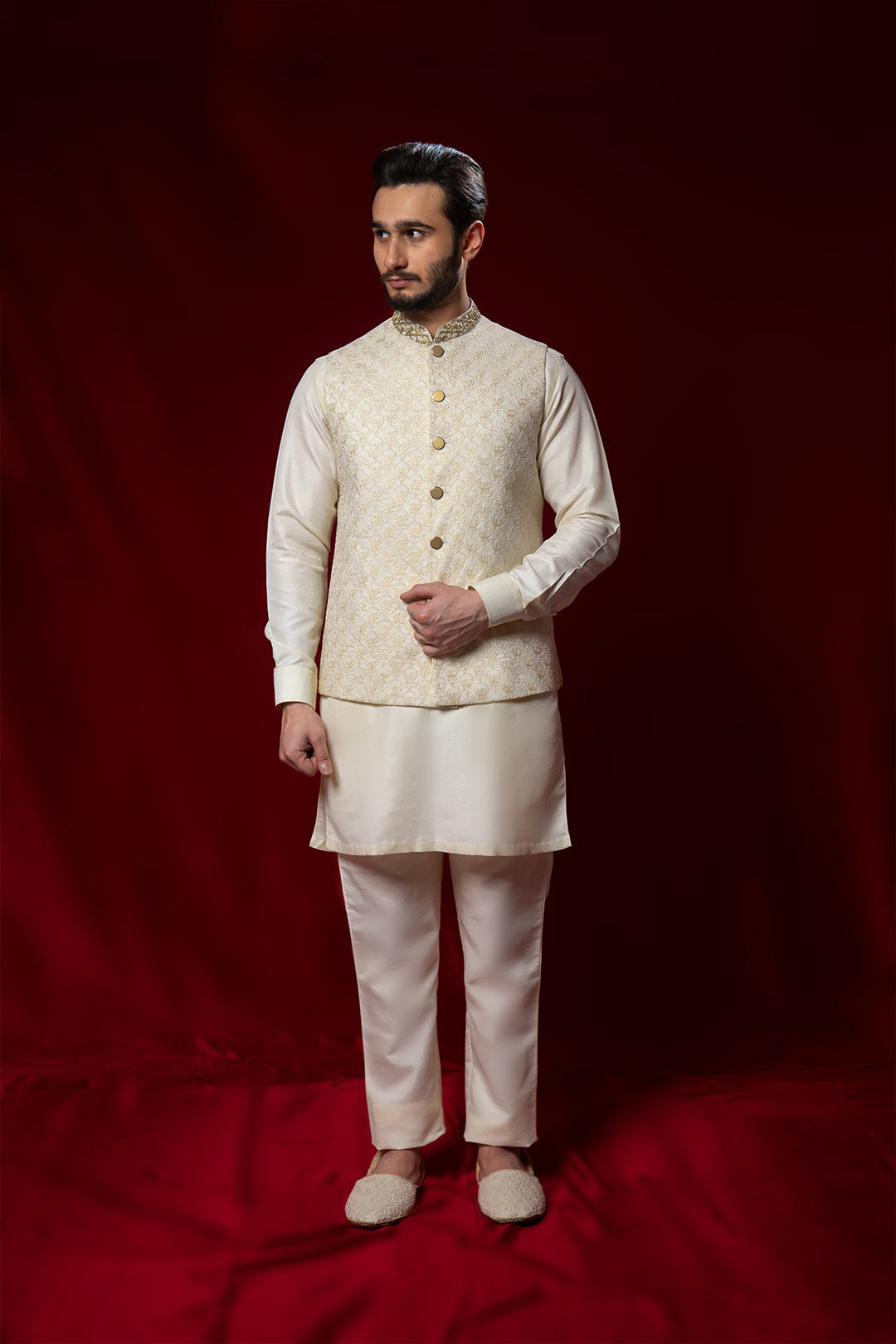 Off White Embroidered Brocade Waistcoat Kurta Set (3-Piece) - Image 6