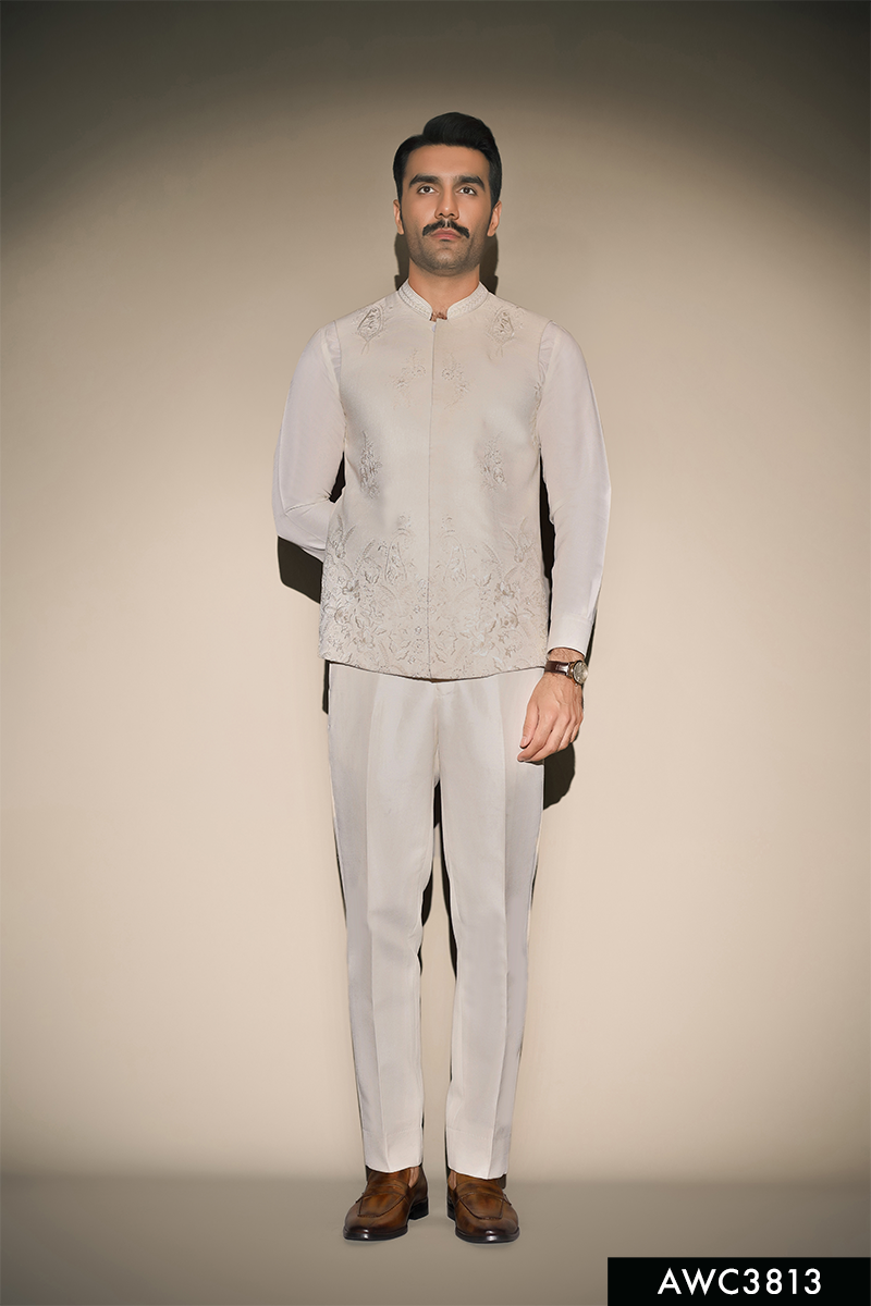 Off-White Embroidered Brocade Waistcoat Kurta Set (3-Piece) - Image 1