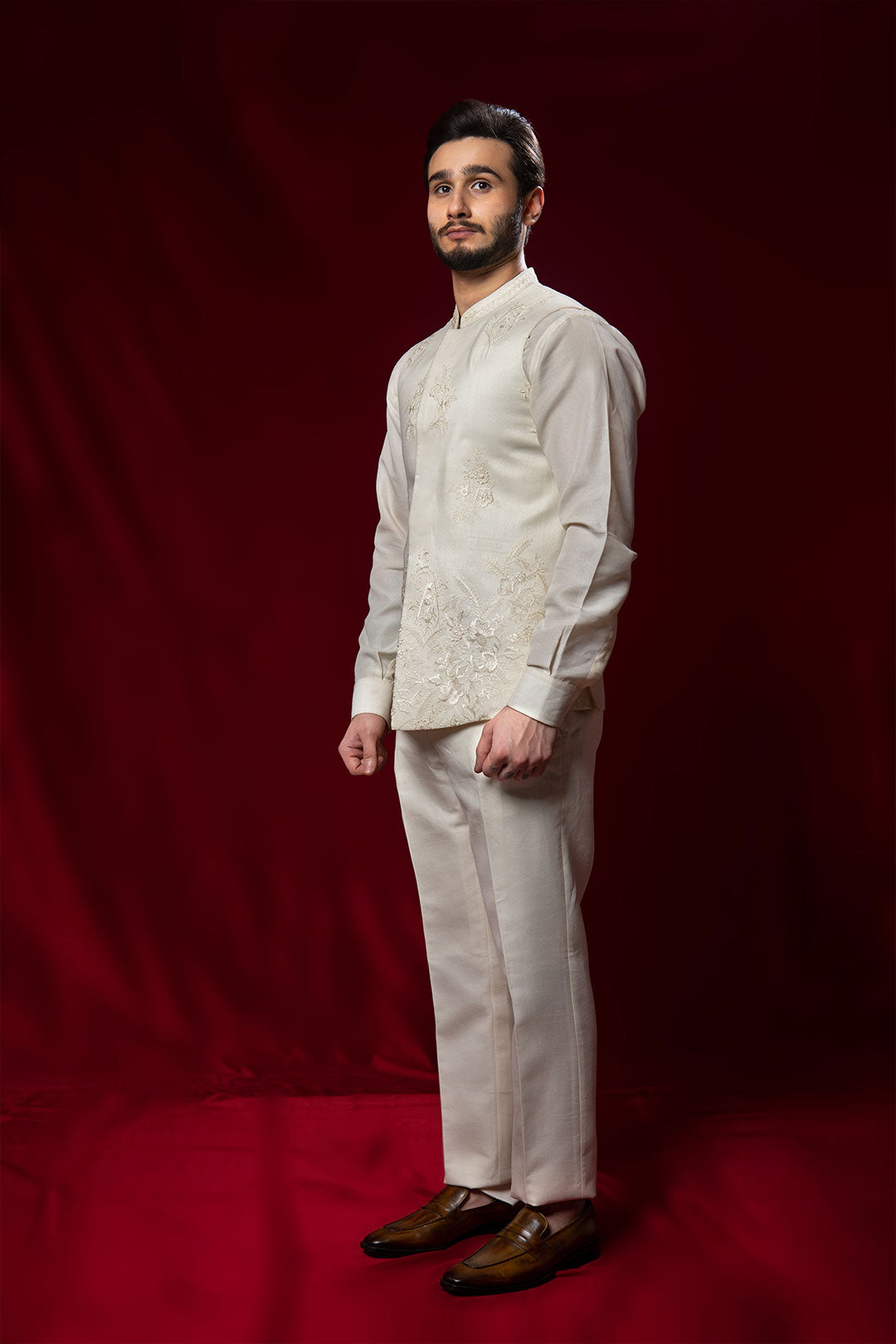 Off-White Embroidered Brocade Waistcoat Kurta Set (3-Piece) - Image 6