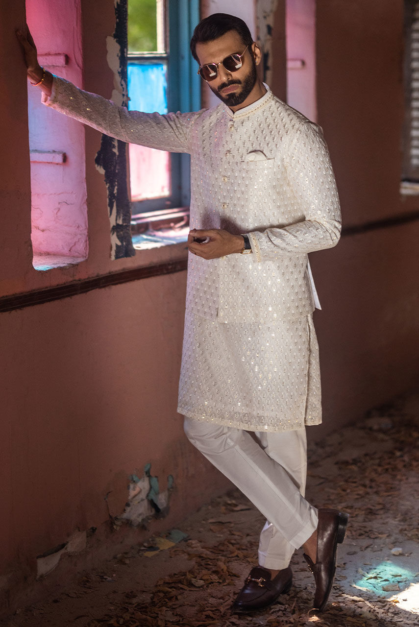 Ivory White Chikan Kari Sequin Kurta with Waistcoat (3-Piece) - Image 1