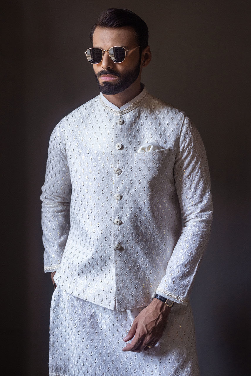 Ivory White Chikan Kari Sequin Kurta with Waistcoat (3-Piece) - Image 3