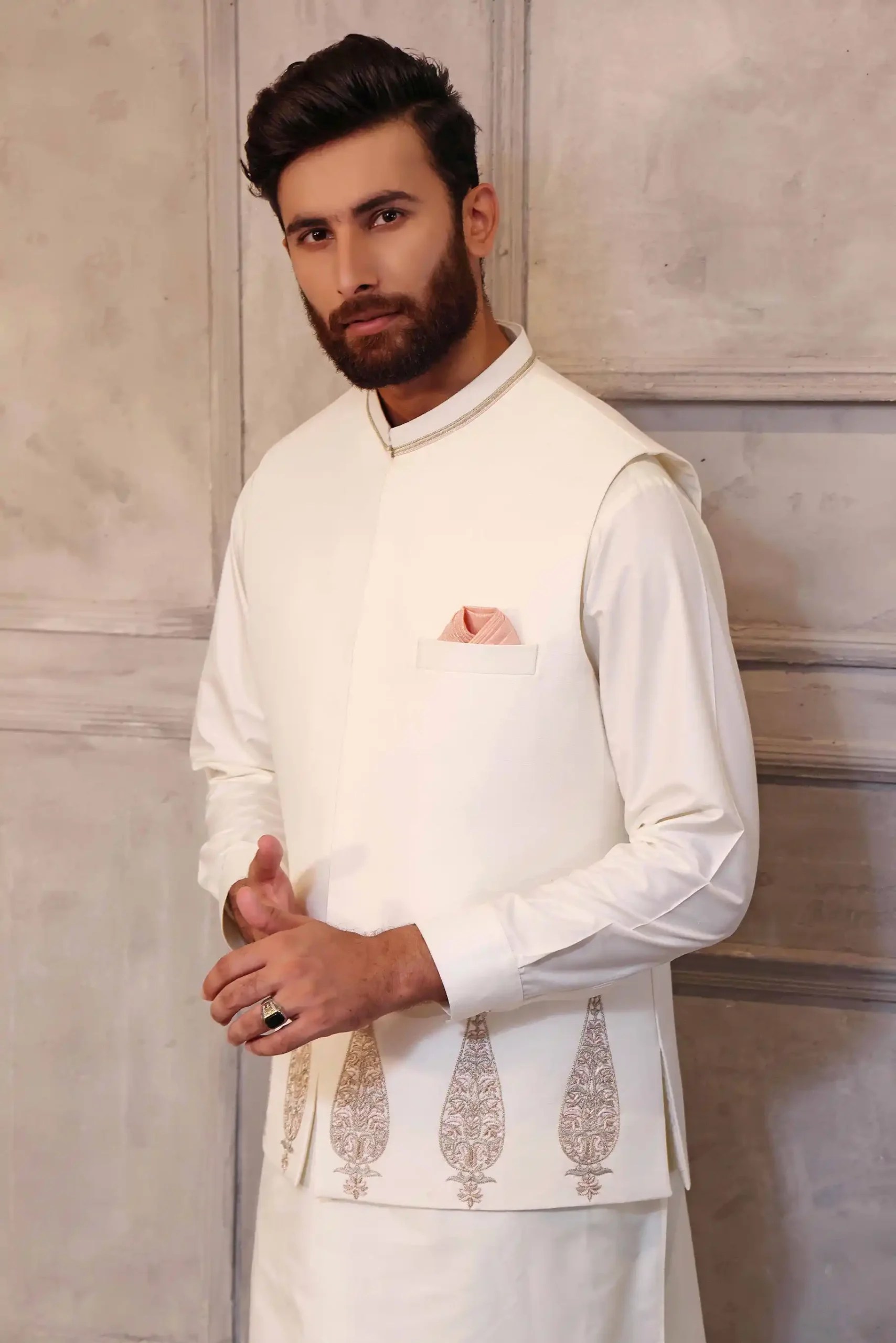 Ivory White Embroidered Cotton Waistcoat Kurta (3-Piece) - Image 1