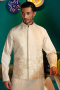 Ivory Self-Embroidered Cotton Waistcoat Kurta (3-Piece) - Image 3