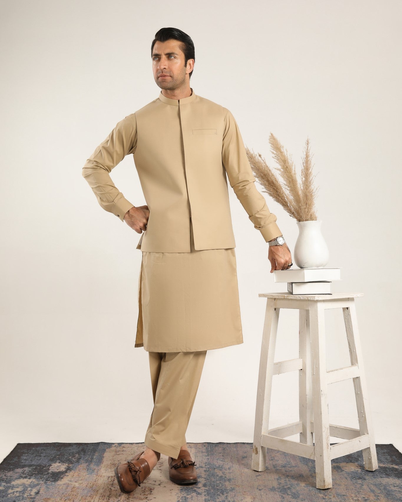 Ivory Cotton Waistcoat Kurta Shalwar (3-Piece) - Image 1