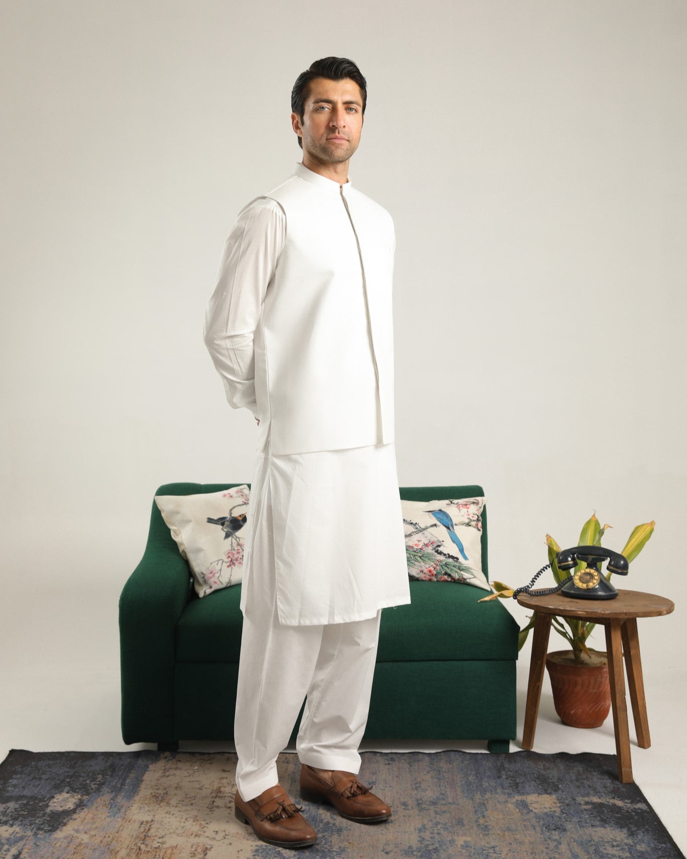 Off White Cotton Waistcoat Kurta Shalwar (3-Piece) - Image 1